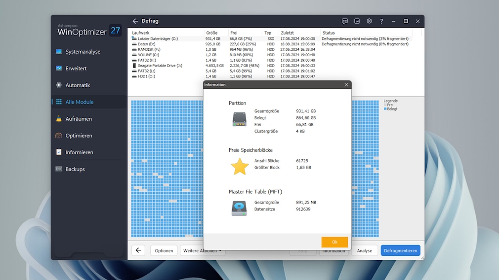 Hier sind Festplatten und SSDs gut aufgehoben: Die Tuning-Software wartet sie gebührend. Der abgebildete Testproband erlaubt es sogar, die Windows-MFT zu analysieren: Es kommt zum Vorschein, wie viele Einträge dieses Inhaltsverzeichnis des Dateisystems aufweist und wie groß der Komplex ausfällt.