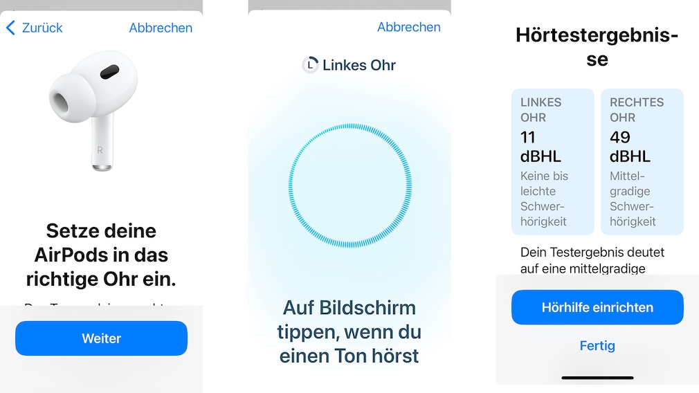 Apple beschreibt den Hörtest Schritt für Schritt. In den AirPods-Einstellungen und in der Health-App lässt er sich wiederholen.