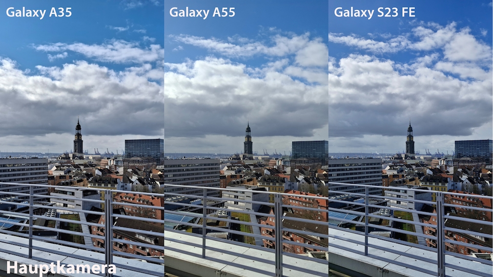 Hauptkamera bei Tageslicht im Vergleich: Galaxy A35, A55, S23 FE