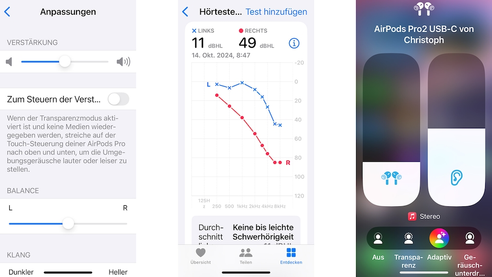 In den AirPods-Einstellungen von iOS sind Anpassungen der Hörhilfe möglich. Das Audiogramm zeigt die Health-App, im Kontrollzentrum ist die Hörverstärkung schnell anpassbar.